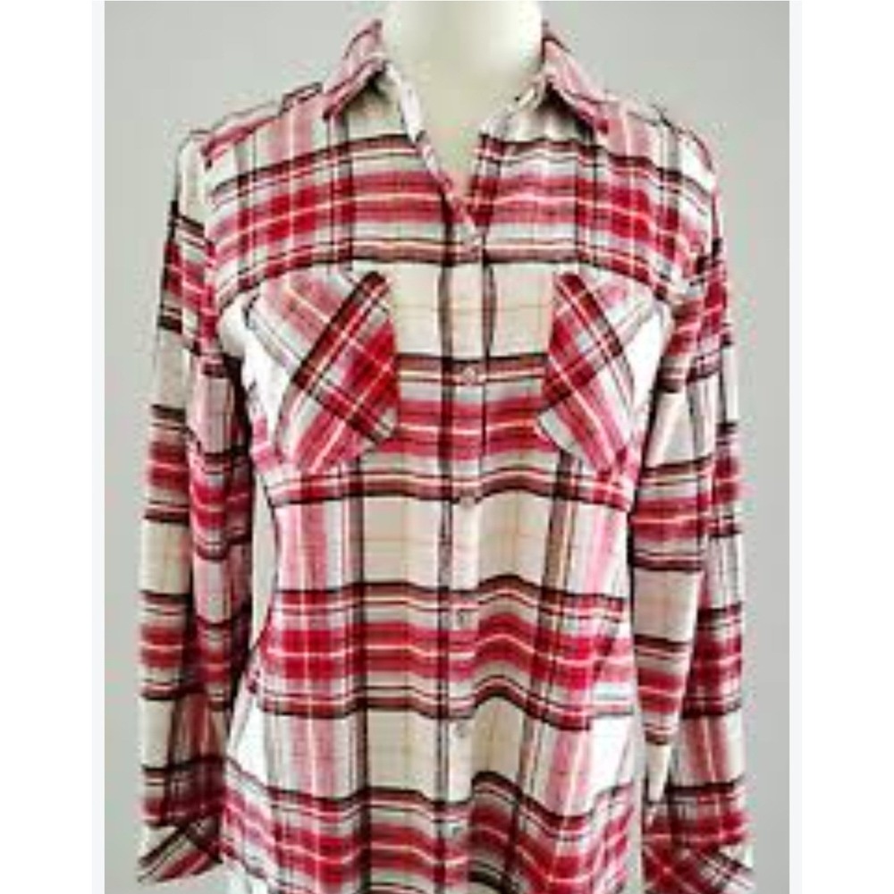 By Design Womens Red White Plaid Button Down Shirt Long Sleeve Size M 1235